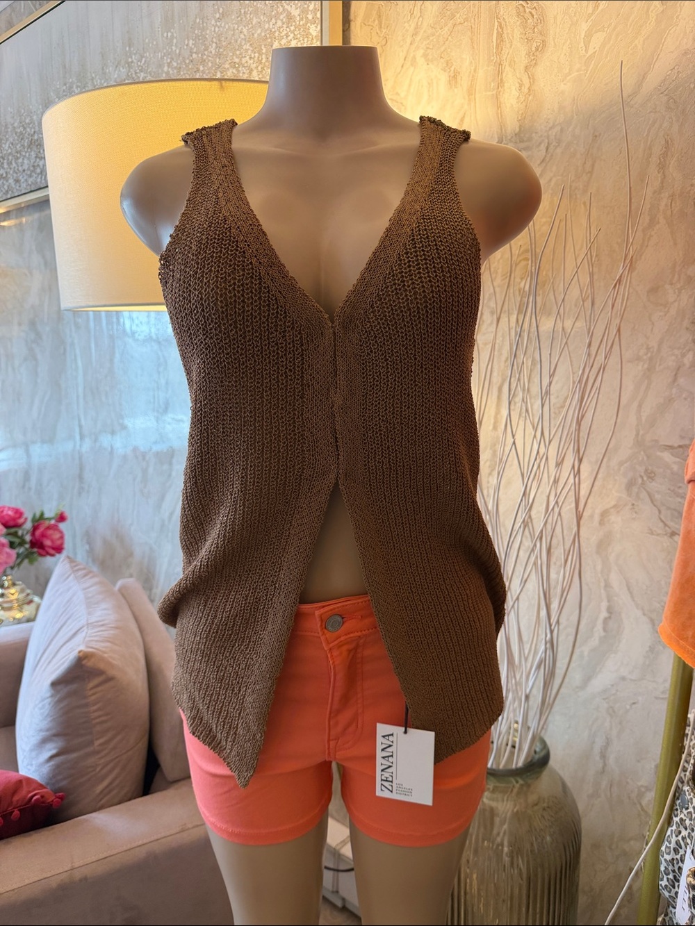 Boho Zenana Outfitters Brown Knit V-Neck Sleeveless Top